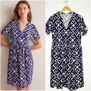 Boden Easy Notch Neck Jersey Dress – Navy/White Geometric Print, Size 10L